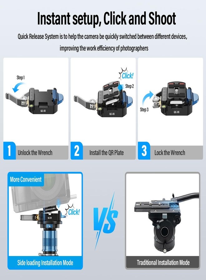 SIRUI 55mm Quick Release Plate and Clamp Base Kit, Camera Mount Adapter with 1/4" and 3/8" Thread, Quick-Release Attach Mount Plate for Tripod Monopod DSLR Stabilizer, QC-55 - Image 4